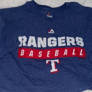 Majestic Rangers Baseball Tee - Blue and Red. Size L